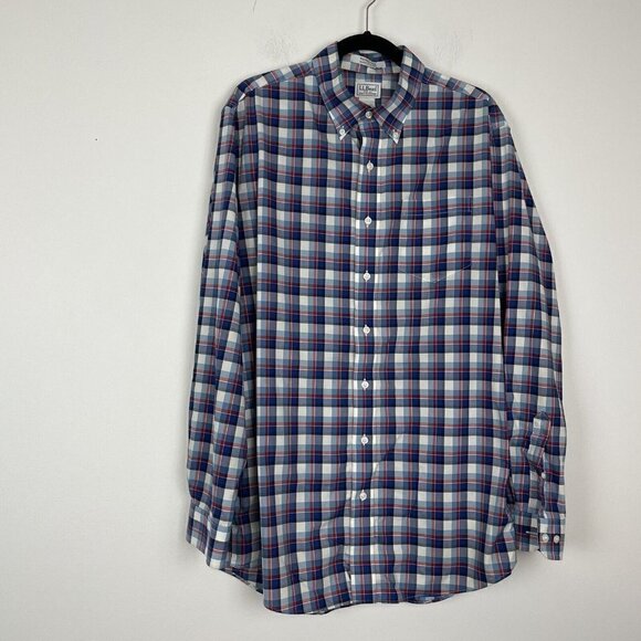 L.L Bean Mens Button Up Long Sleeve Shirt Red White Blue Size Large Tall - Picture 1 of 5
